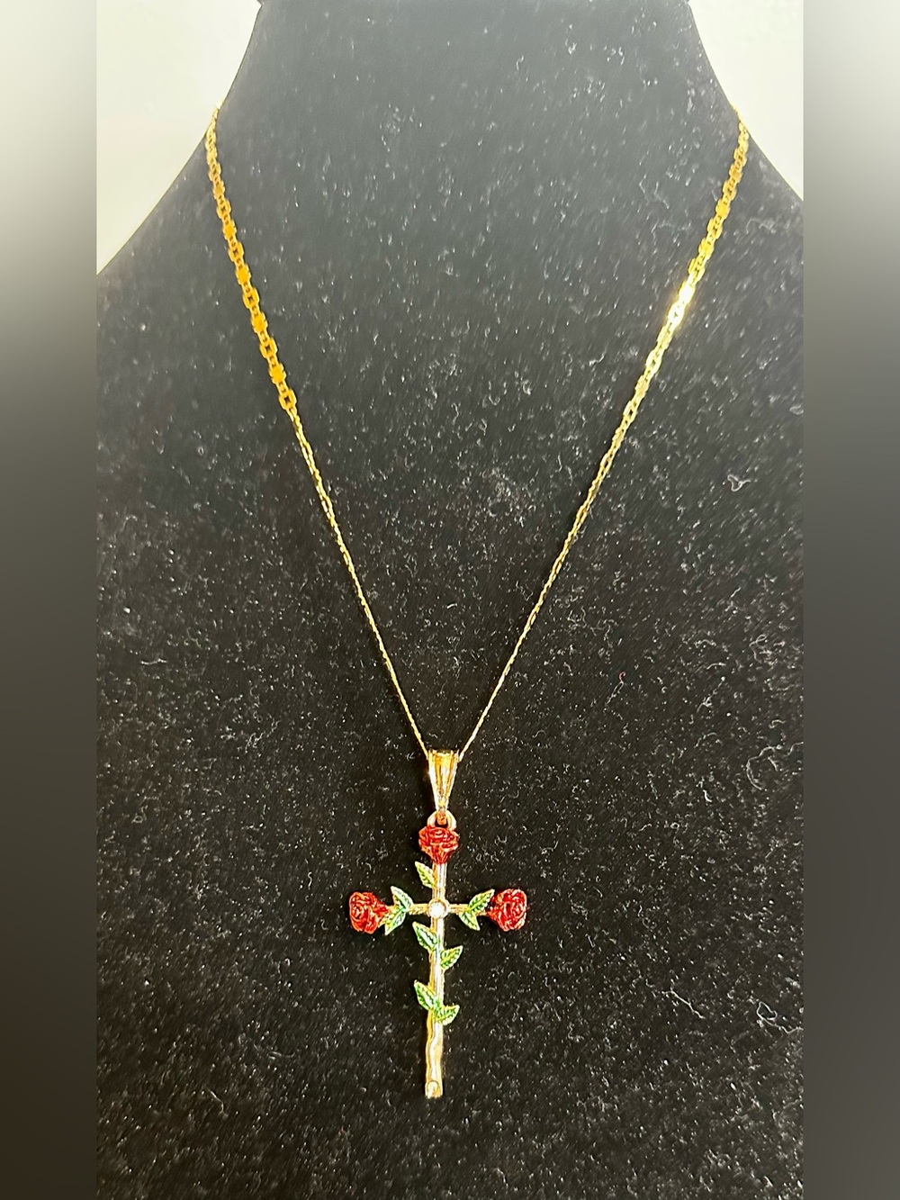 Gold-Tone Cross Pendant Necklace with Red Rose Accents